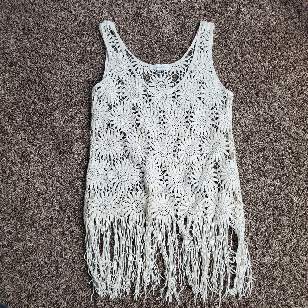 Cream colored crochet and fringe tank top